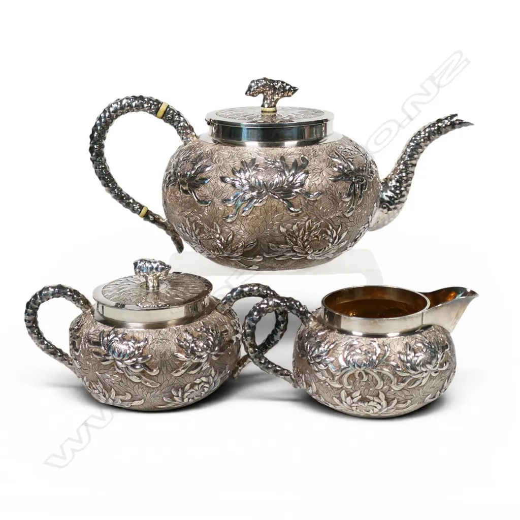 A Wang Hing c.1900 Chinese silver three-piece tea service, Image 1++