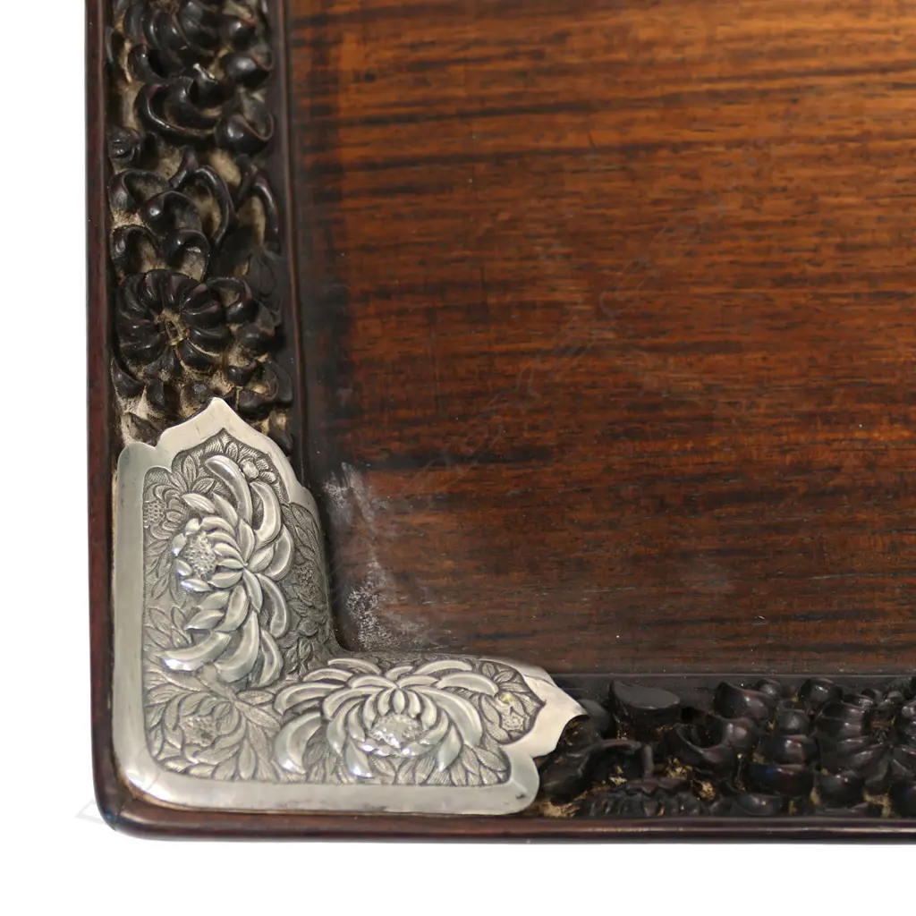 A quality c.1900 Chinese rosewood and silver mounted tray, Image 1++