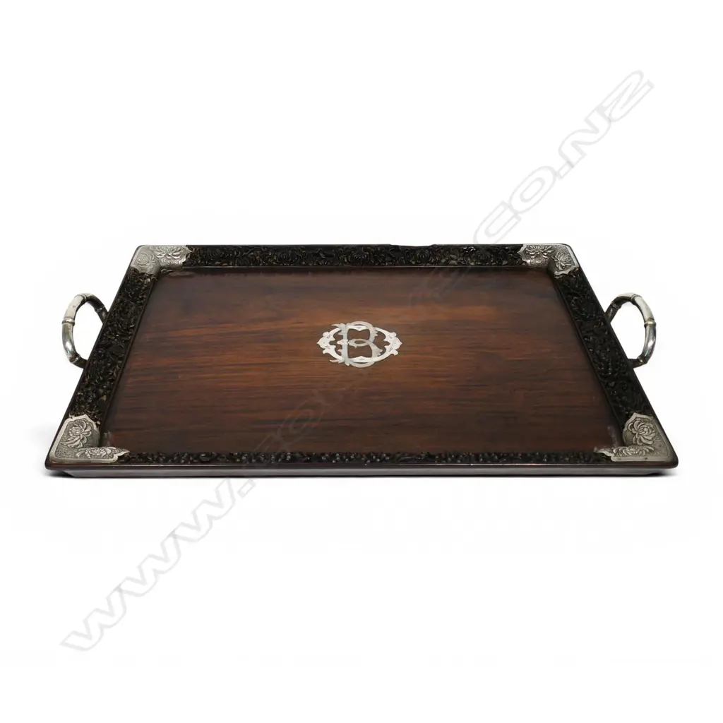 A quality c.1900 Chinese rosewood and silver mounted tray, Image 1++