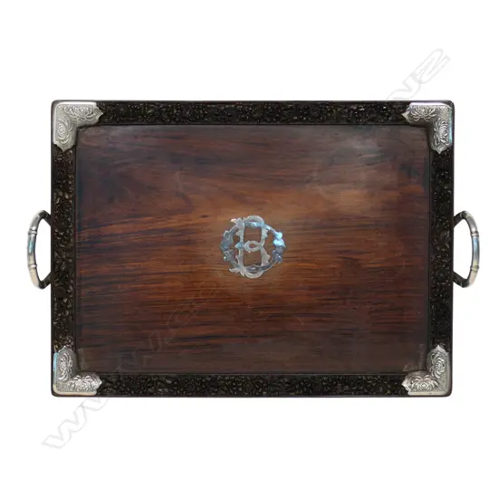 A quality c.1900 Chinese rosewood and silver mounted tray,