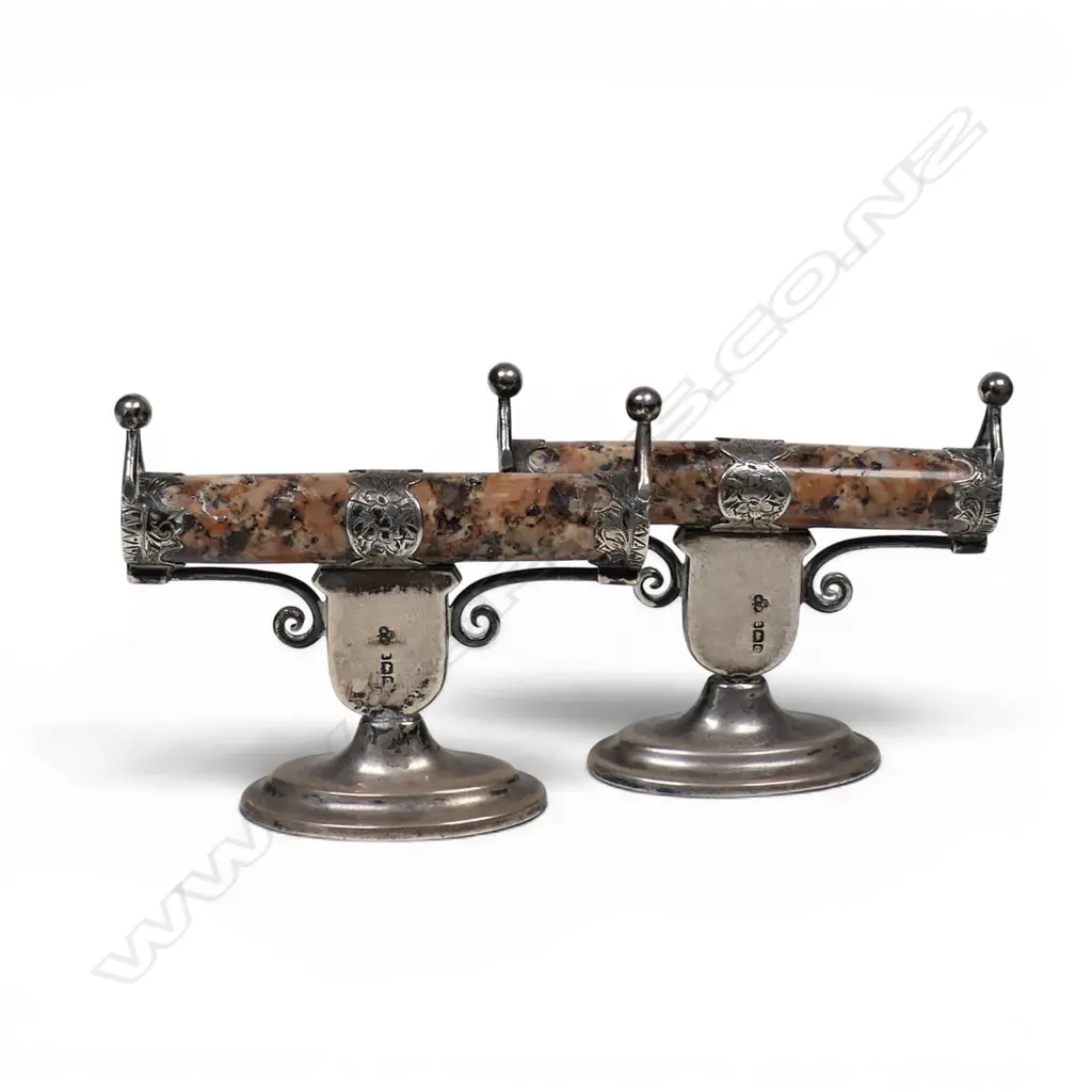 A pair of Edwardian silver and red mottled marble pedestal knife rests, Image 1++