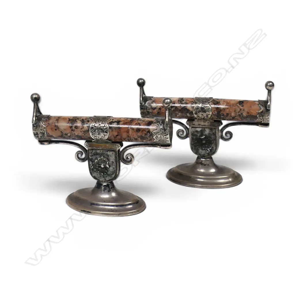 A pair of Edwardian silver and red mottled marble pedestal knife rests, Image 1++