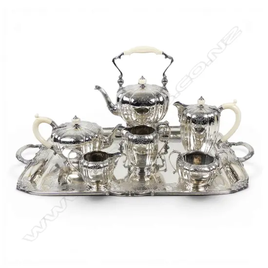 An impressive silver six-piece tea set on tray,