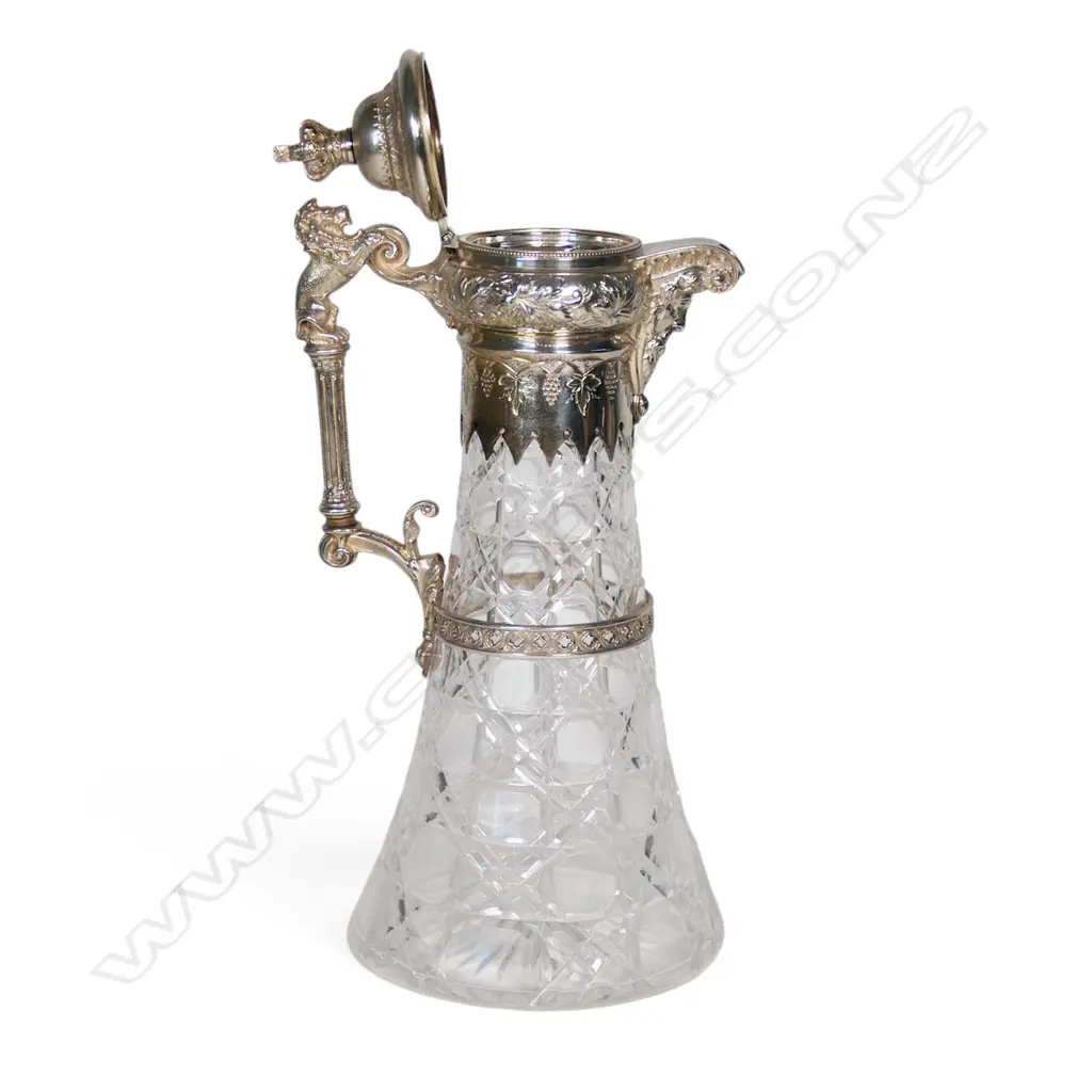 An early 20thC silver plate and crystal wine ewer, Image 1++