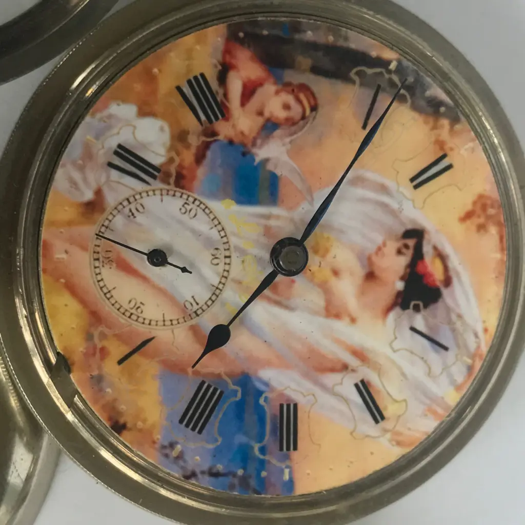 A late 19thC nickel cased pictorial dial pocket watch by the Waltham Watch Co, Mass, USA, Image 1++