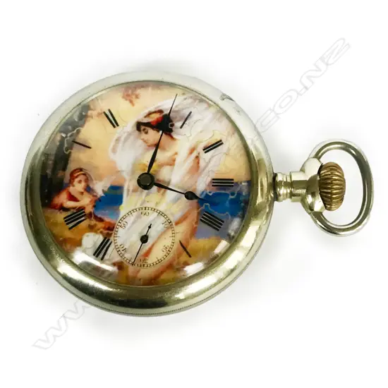 A late 19thC nickel cased pictorial dial pocket watch by the Waltham Watch Co, Mass, USA,