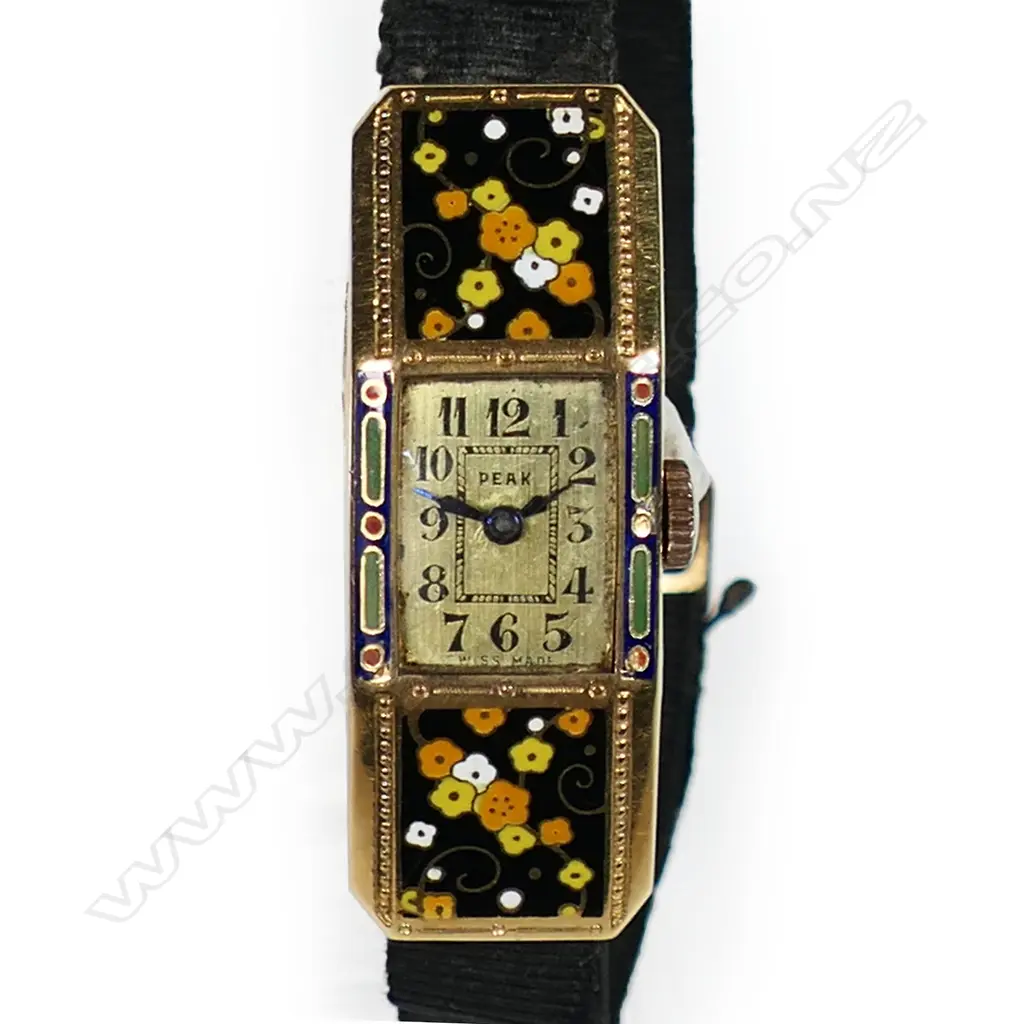 An Art Deco French 'Peak' 18ct yellow gold and enamelled ladies wristwatch, Image 1++