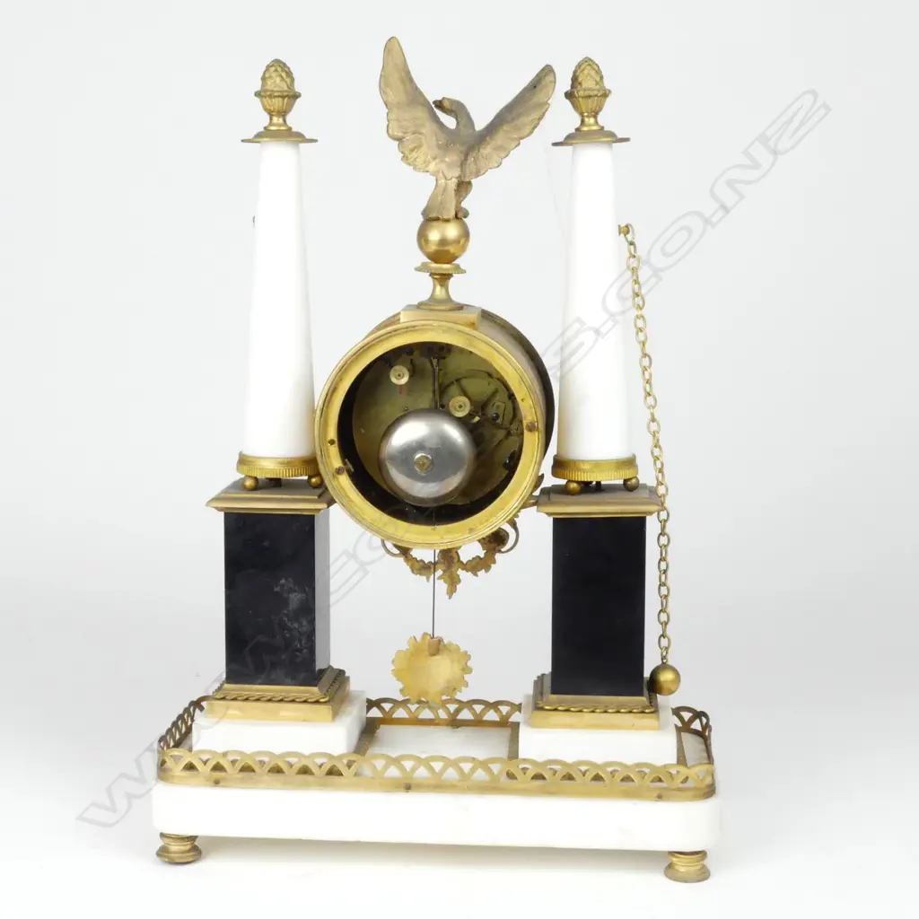 A c.1800 French Empire black and white marble and ormolu portico clock, Image 1++
