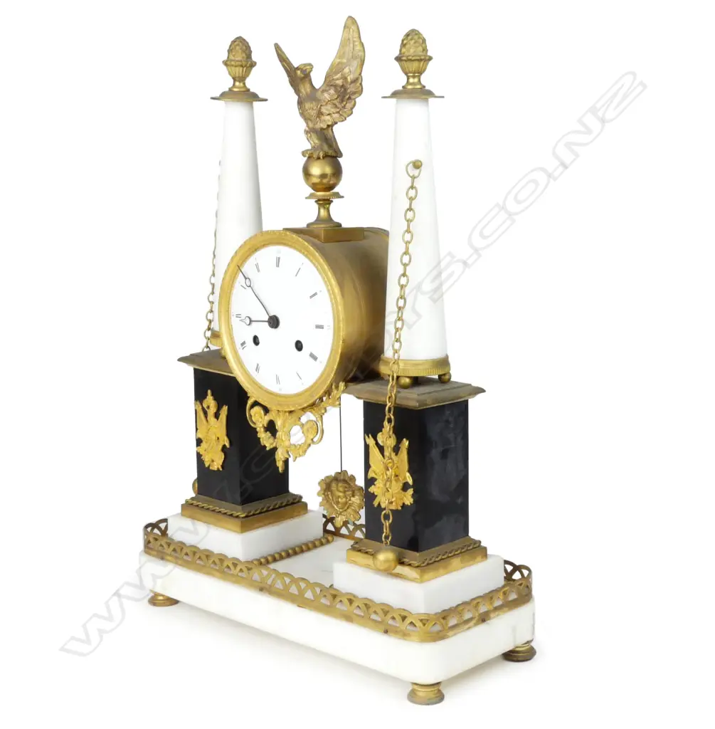 A c.1800 French Empire black and white marble and ormolu portico clock, Image 1++