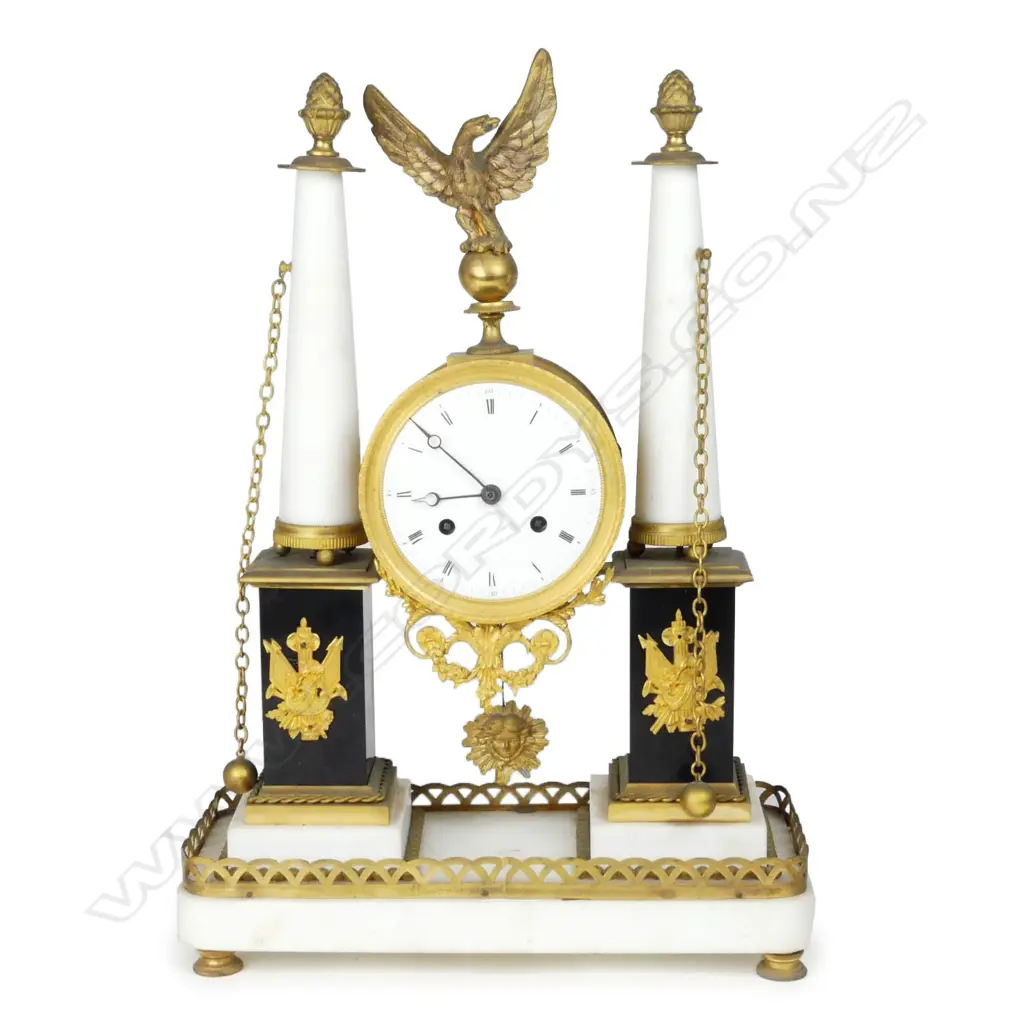 A c.1800 French Empire black and white marble and ormolu portico clock, Image 1++