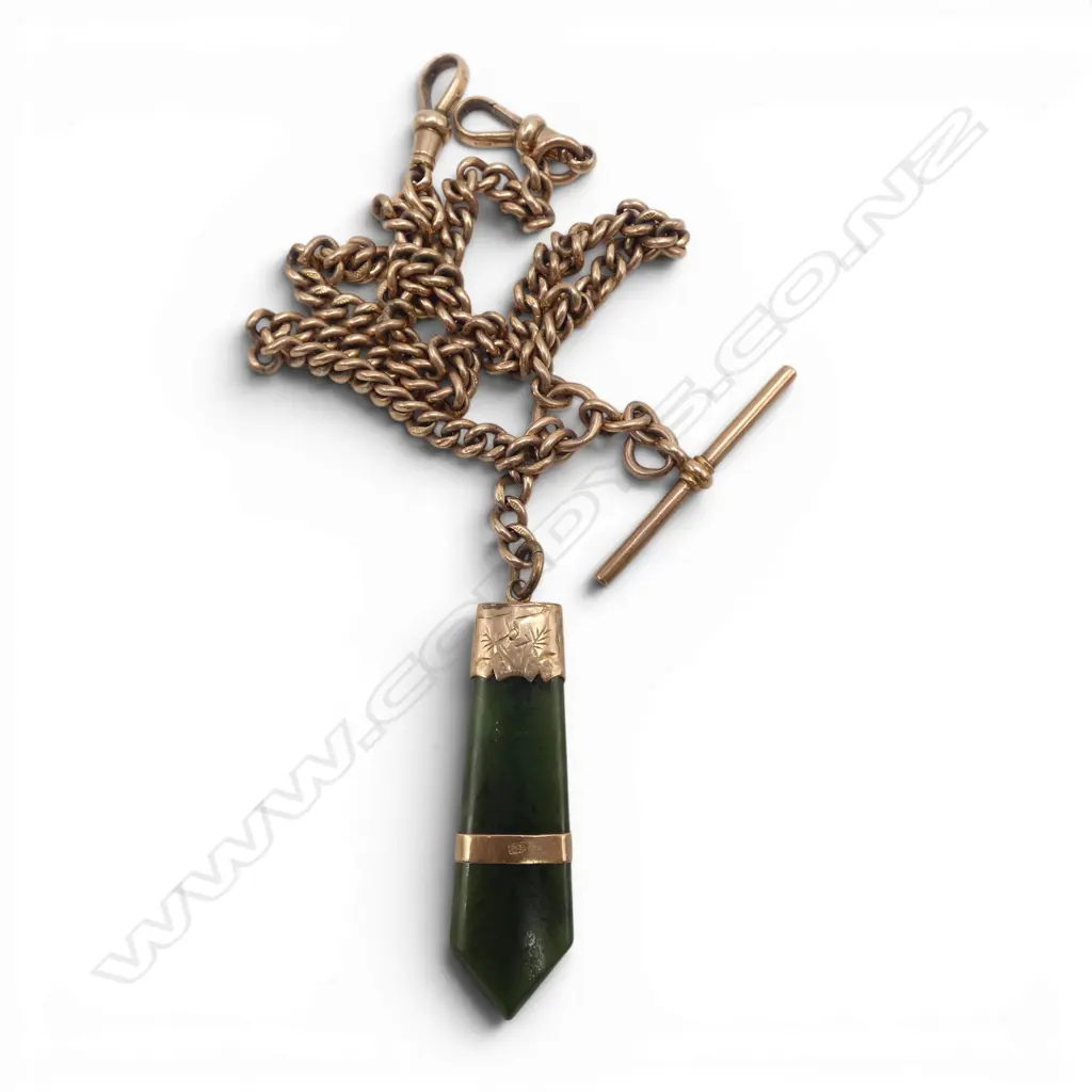A 9ct rose gold fob chain and pounamu pendant, Image 1++