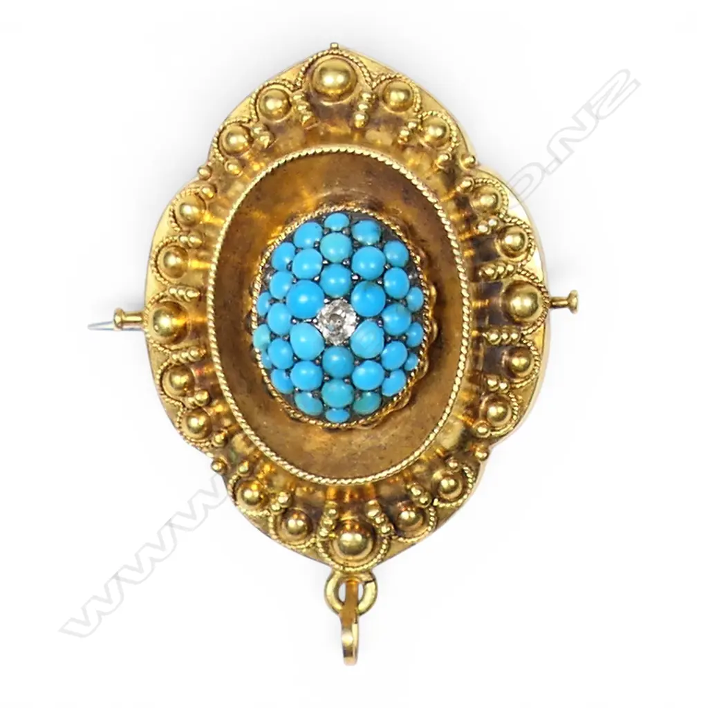 A Victorian 15ct gold turquoise and diamond brooch, Image 1++
