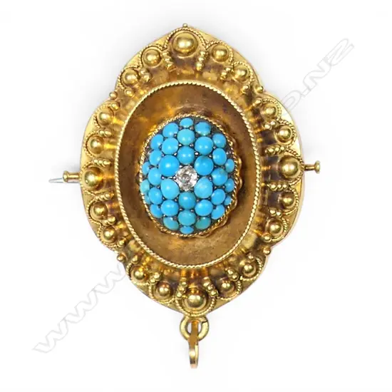 A Victorian 15ct gold turquoise and diamond brooch,