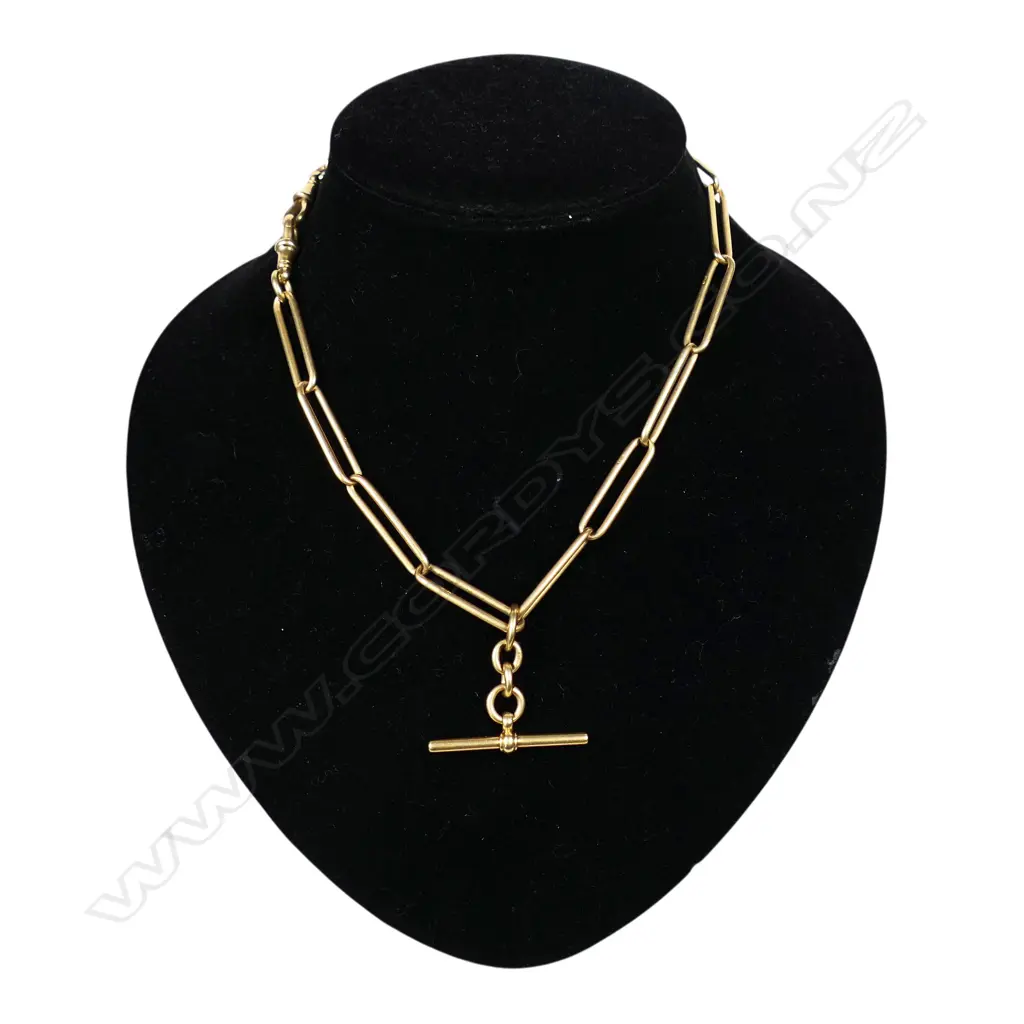 A rare early 20thC 18ct yellow gold rail link Albert chain with T-bar attached. 51gms Image 1++