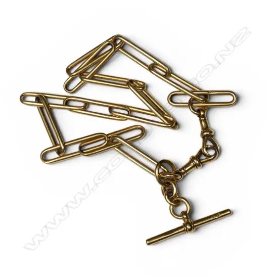 A rare early 20thC 18ct yellow gold rail link Albert chain with T-bar attached. 51gms