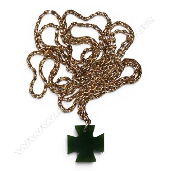 A c.1900 9ct. gold muff link chain with greenstone Maltese cross pendant,