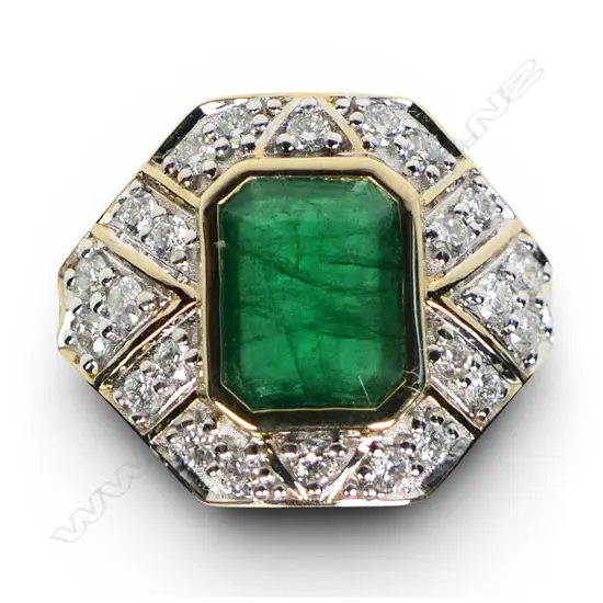 A 14ct gold emerald and diamond Art Deco style ring,