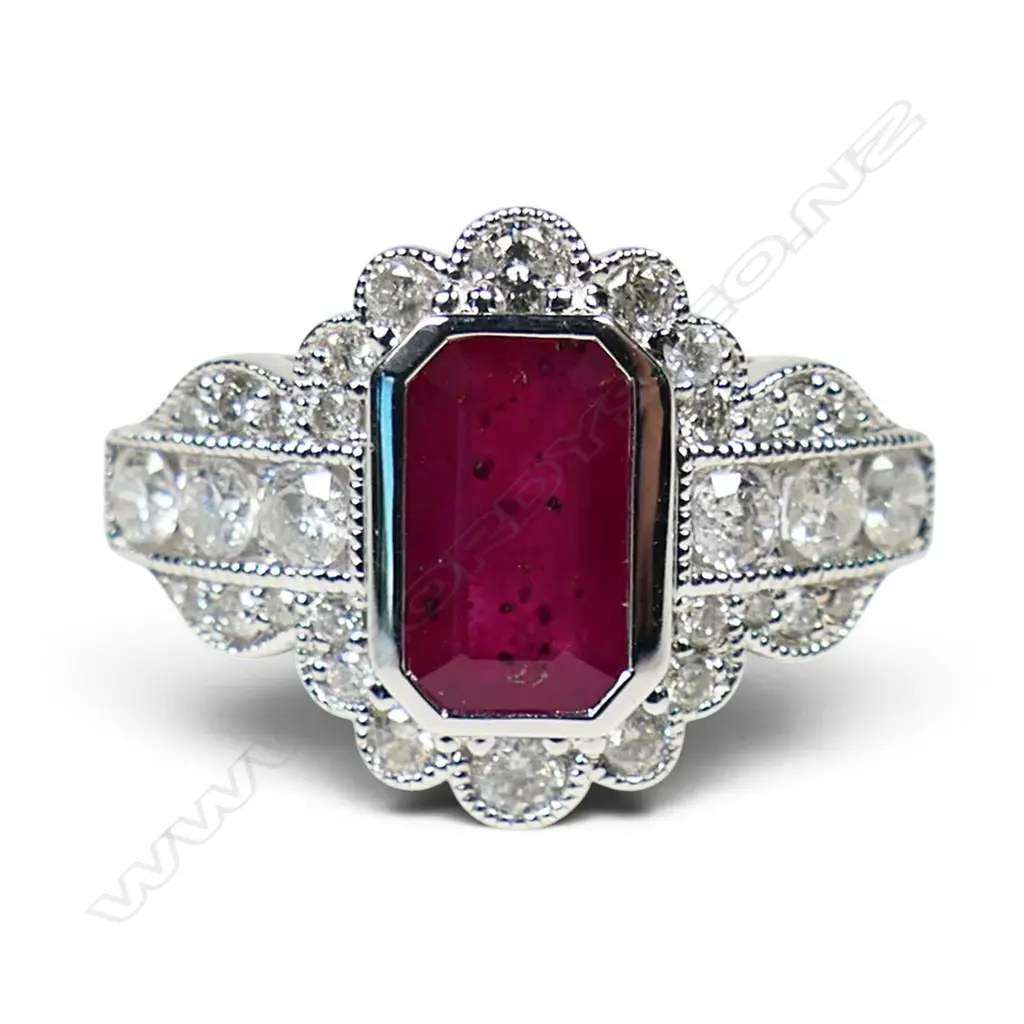 A 14ct white gold ruby and diamond Art Deco style ring, Image 1++