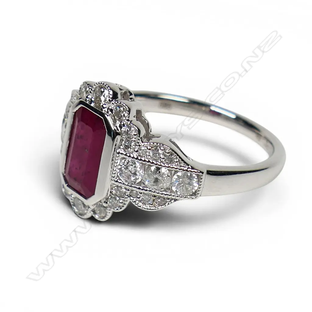A 14ct white gold ruby and diamond Art Deco style ring, Image 1++