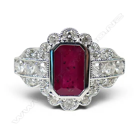 A 14ct white gold ruby and diamond Art Deco style ring,