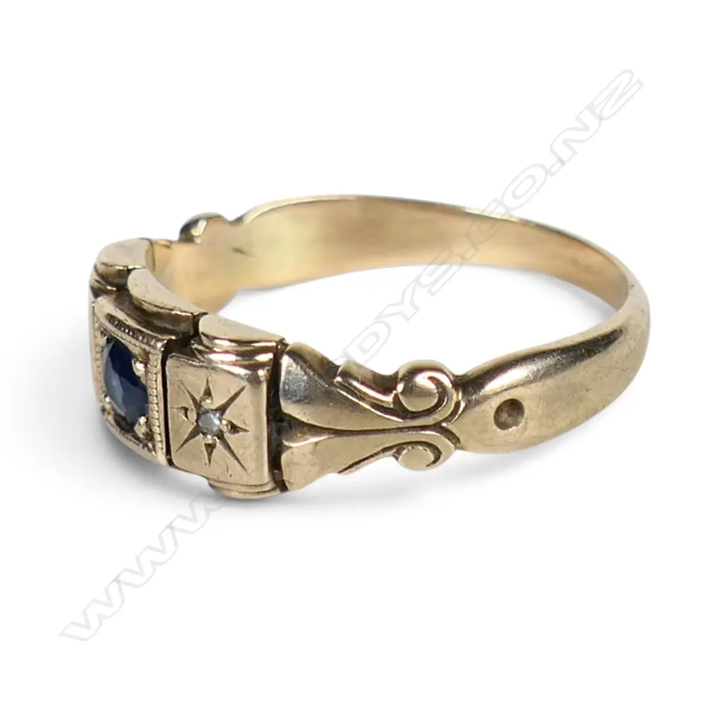 A c.1900 9ct yellow gold sapphire and diamond ring, Image 1++