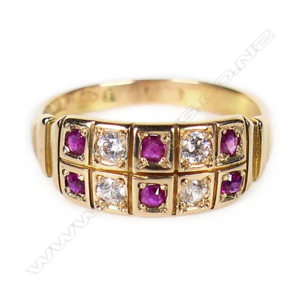 Victorian 15ct yellow gold ruby and diamond band ring, Image 1++