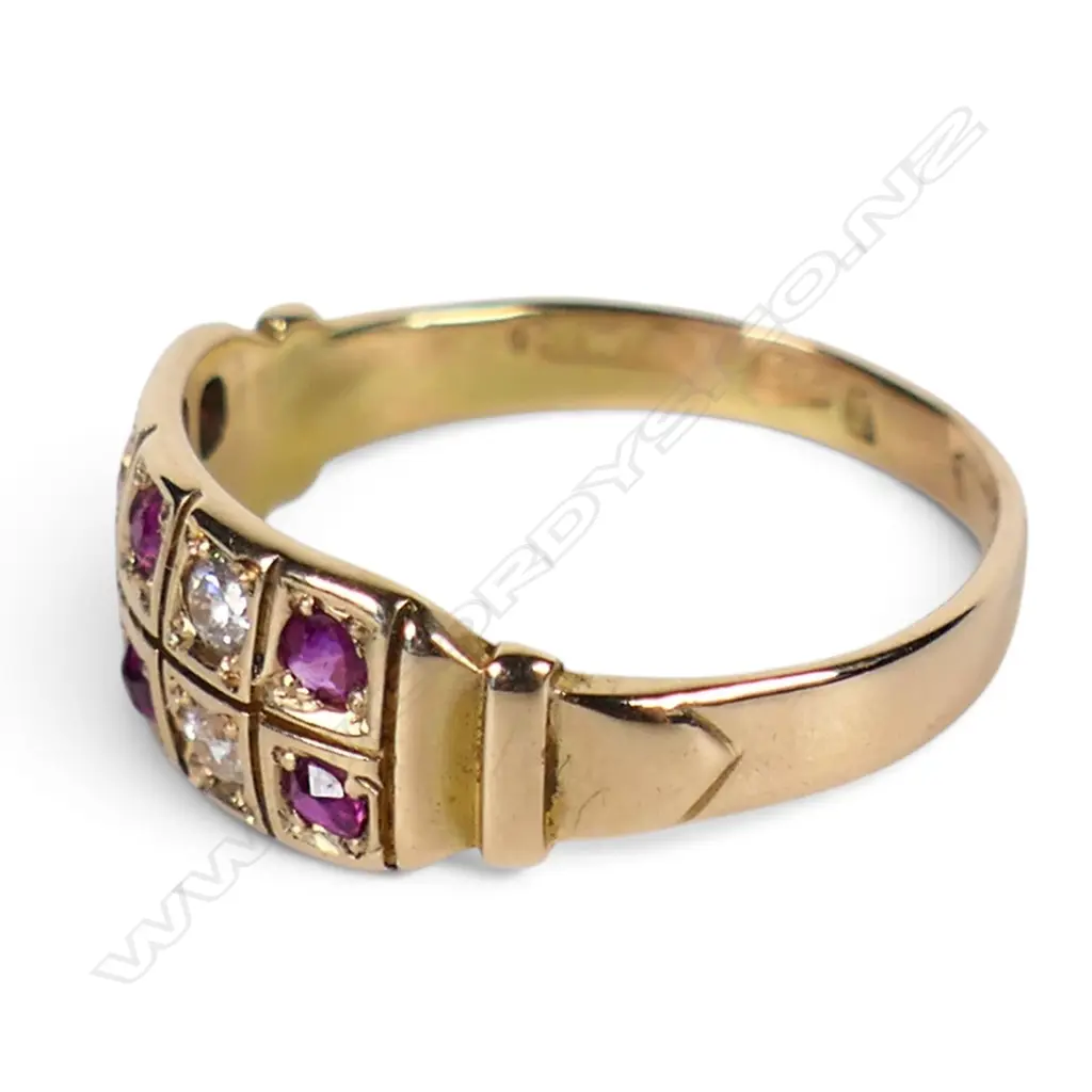 Victorian 15ct yellow gold ruby and cubic zirconia band ring, Image 1++