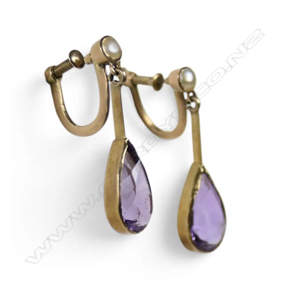 A pair of Edwardian 9ct rose gold amethyst and seed pearl drop earrings, Image 1++
