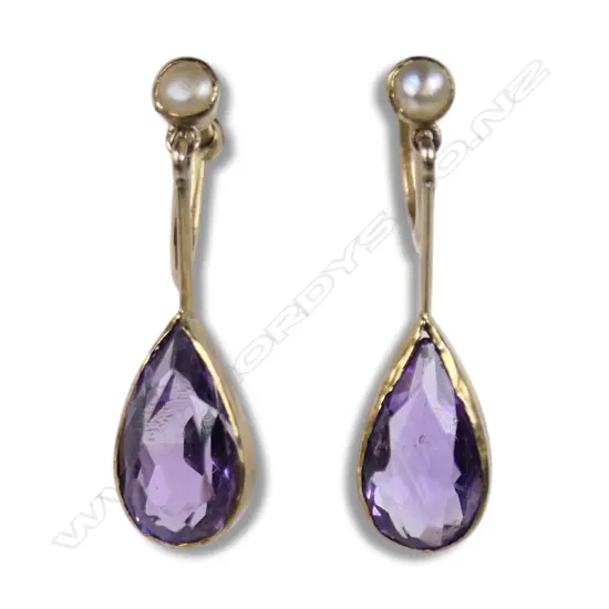 A pair of Edwardian 9ct rose gold amethyst and seed pearl drop earrings,