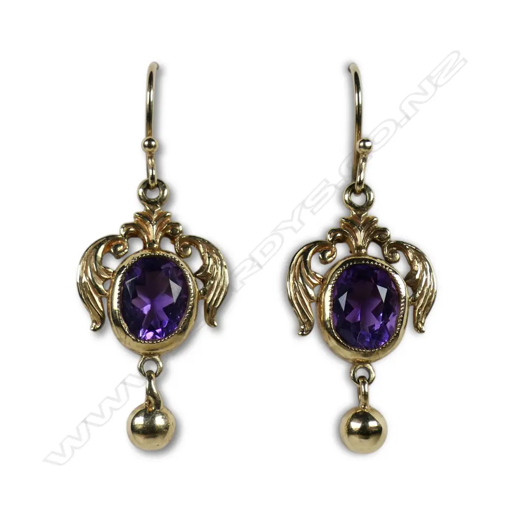 A pair of vintage 9ct rose gold and amethyst drop earrings, Image 1++