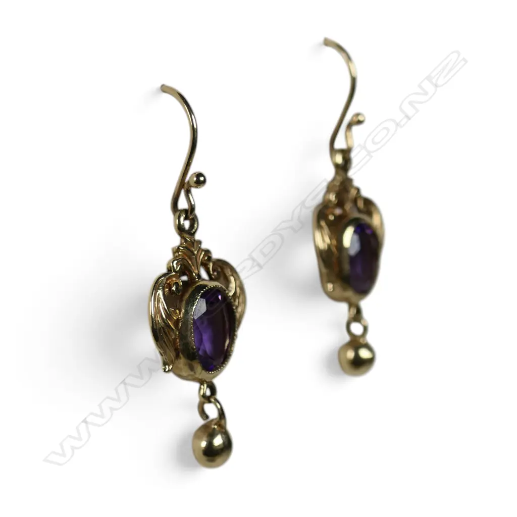 A pair of vintage 9ct rose gold and amethyst drop earrings, Image 1++