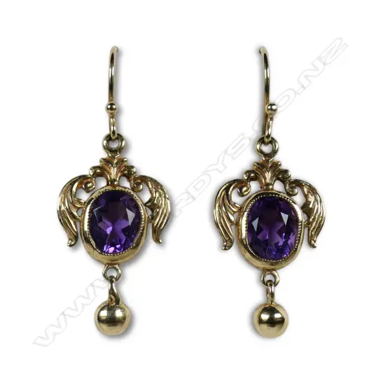 A pair of vintage 9ct rose gold and amethyst drop earrings,