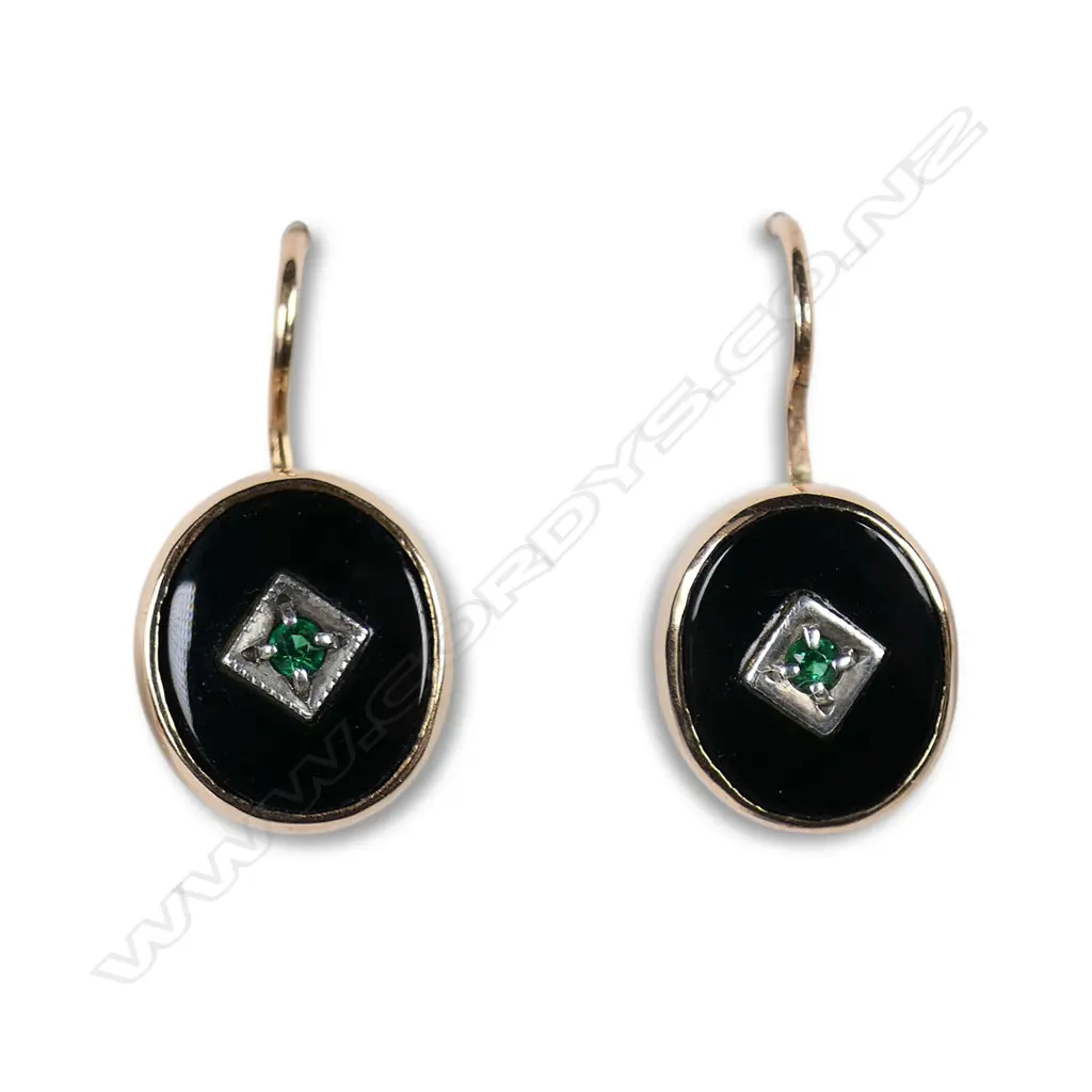 A pair of early 20thC 9ct rose gold onyx and green stone earrings, Image 1++