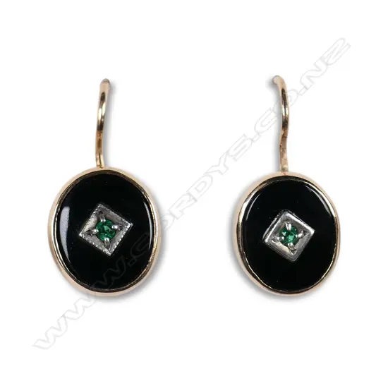 A pair of early 20thC 9ct rose gold onyx and green stone earrings,