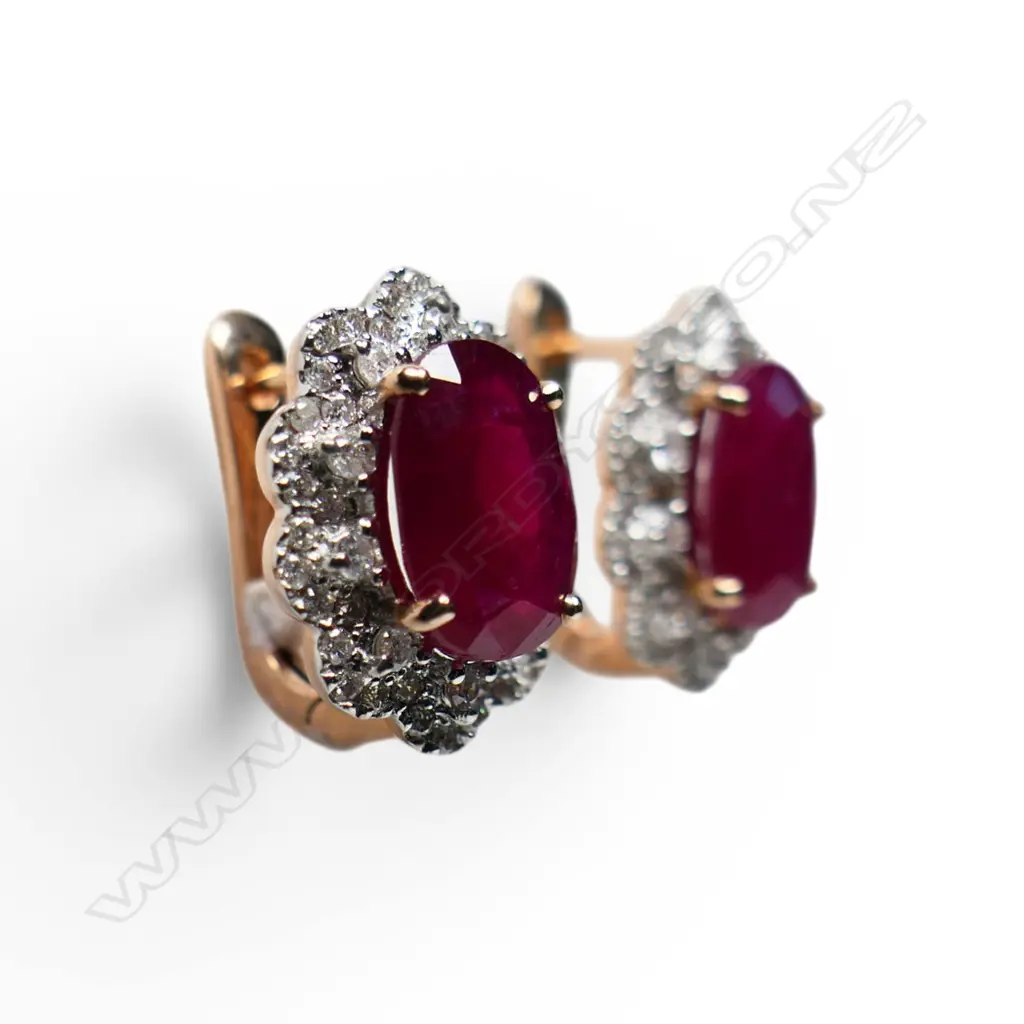 A pair of 14ct rose gold ruby and diamond earrings, Image 1++