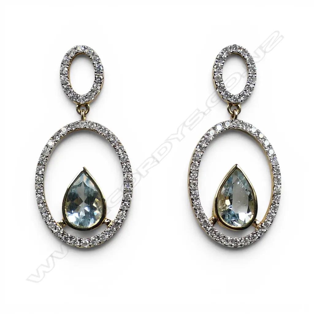 A pair of 14ct gold aquamarine and diamond drop earrings, Image 1++