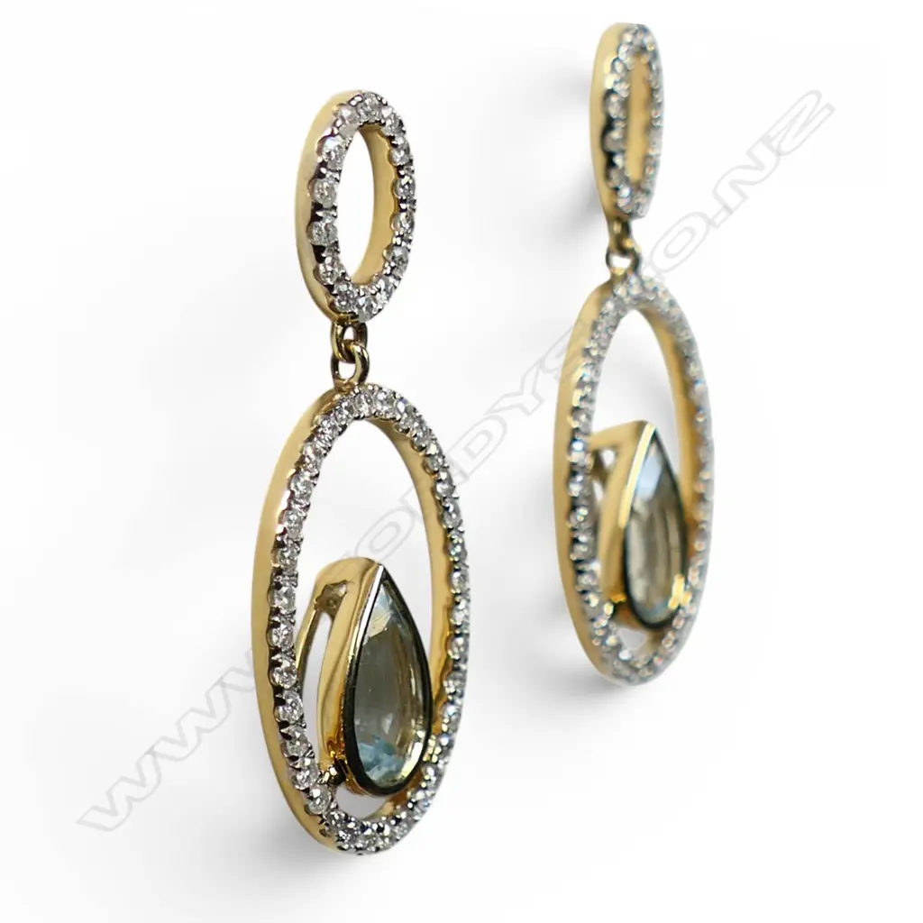 A pair of 14ct gold aquamarine and diamond drop earrings, Image 1++