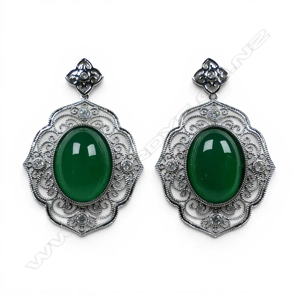 A pair of 14ct white gold jade and diamond earrings, Image 1++