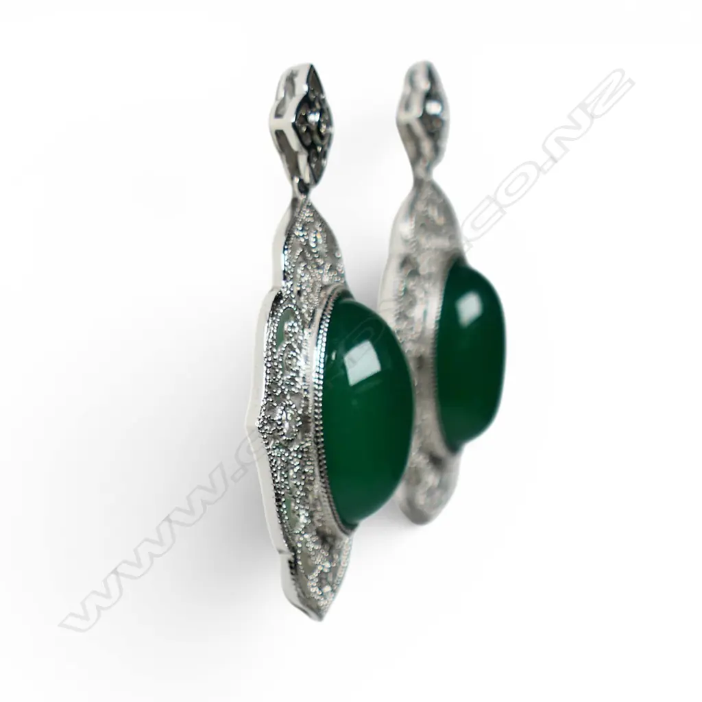 A pair of 14ct white gold jade and diamond earrings, Image 1++