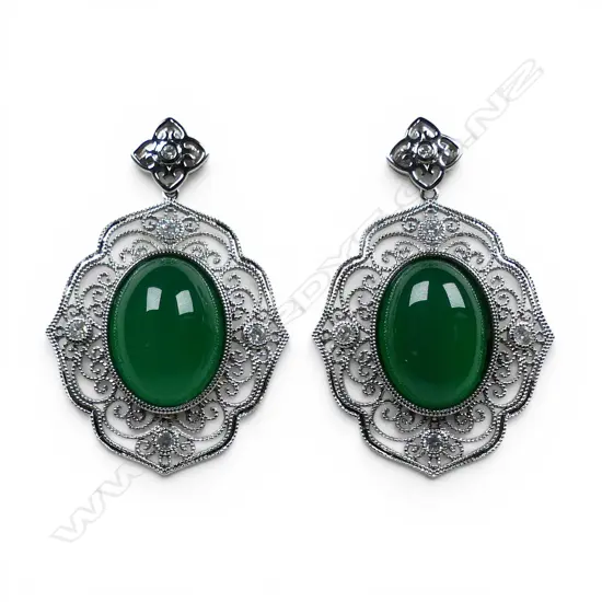 A pair of 14ct white gold jade and diamond earrings,