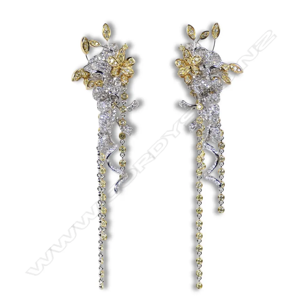 A pair of 18ct white gold yellow and white diamond chandelier style earrings, Image 1++