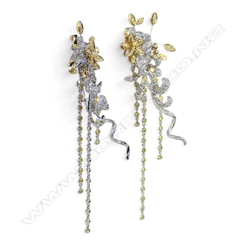A pair of 18ct white gold yellow and white diamond chandelier style earrings, Image 1++