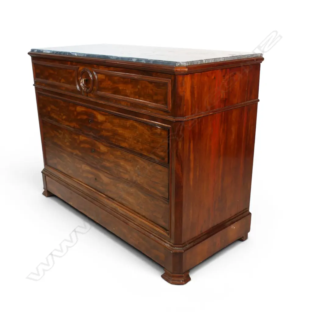 An early 20thC Louis Phillipe style French mahogany grey marble topped commode, Image 1++