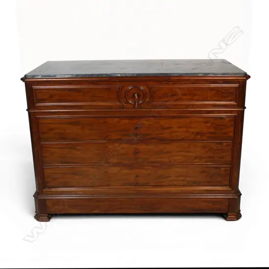 An early 20thC Louis Phillipe style French mahogany grey marble topped commode,