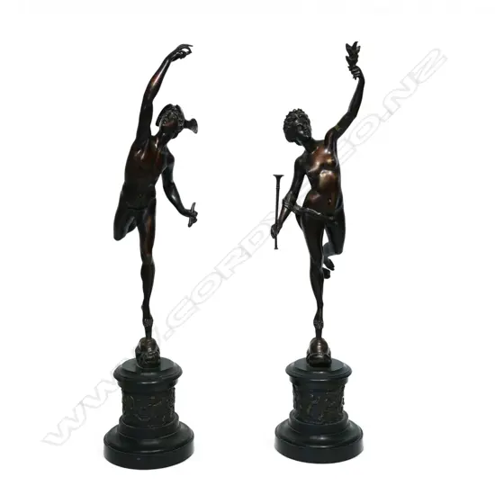 A pair of Victorian spelter figures of the Roman deities - Mercury and Fortuna,