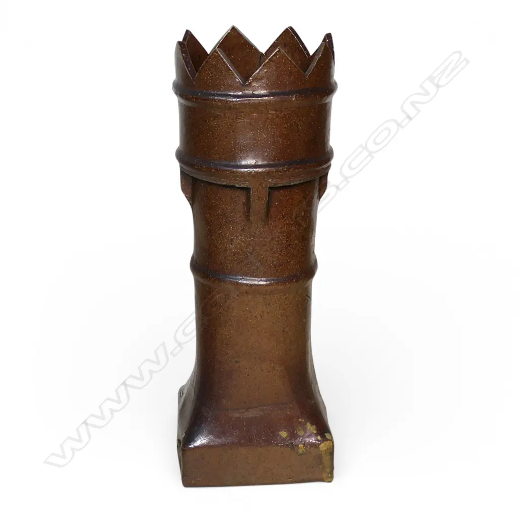 A 19thC tall salt glazed crown top chimney pot, on a tapered square base. H.830mm. Image 1++