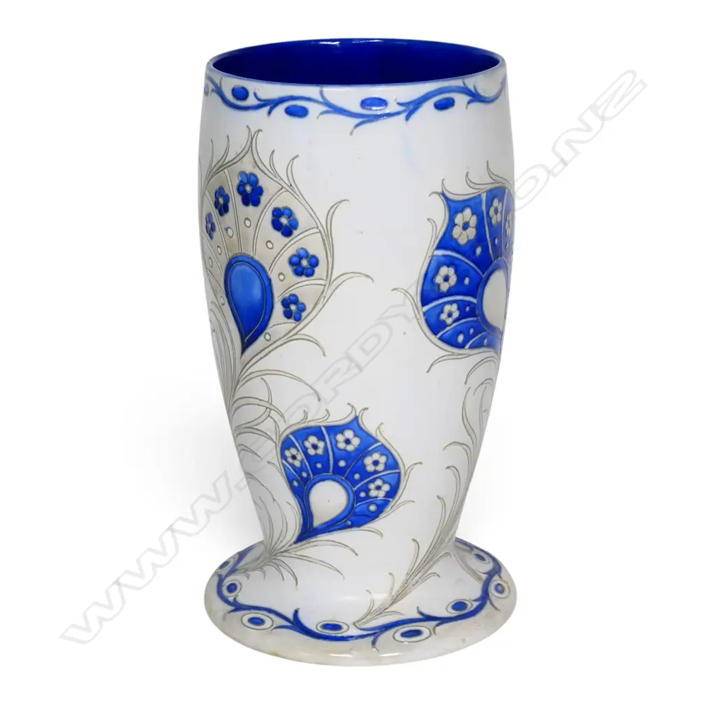 An uncommon c.1930 William Moorcroft Peacock Feathers salt glazed tall vase, Image 1++
