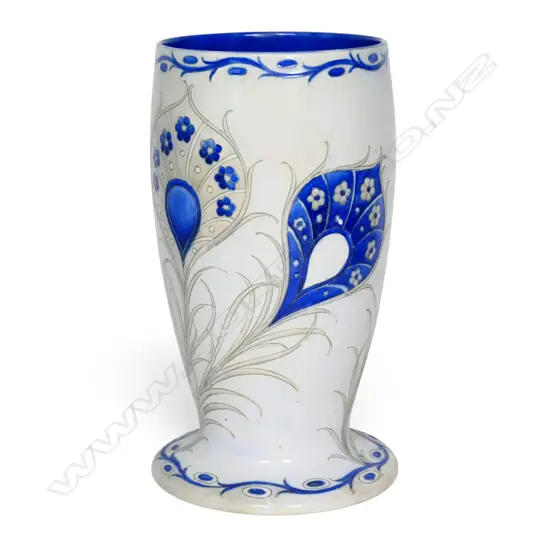 An uncommon c.1930 William Moorcroft Peacock Feathers salt glazed tall vase,