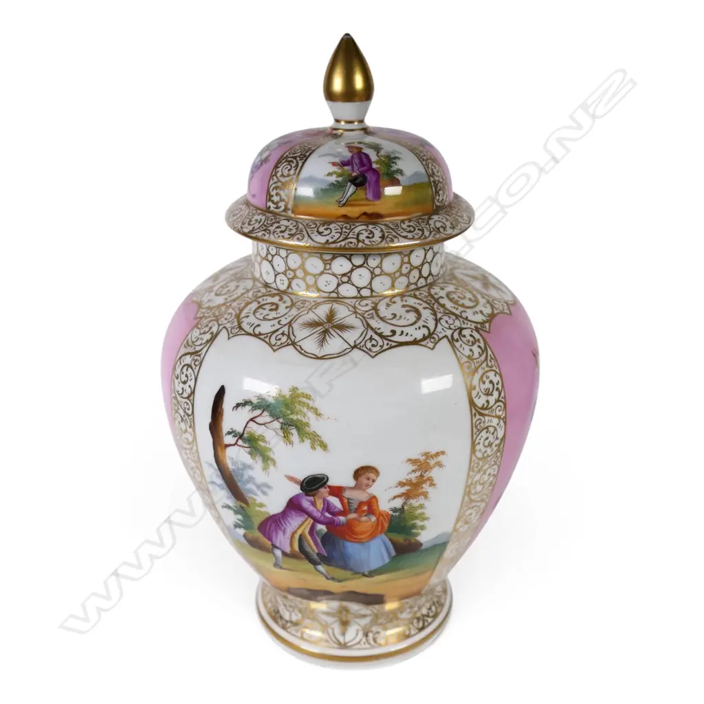 A 19thC Dresden revival lidded baluster urn, Image 1++