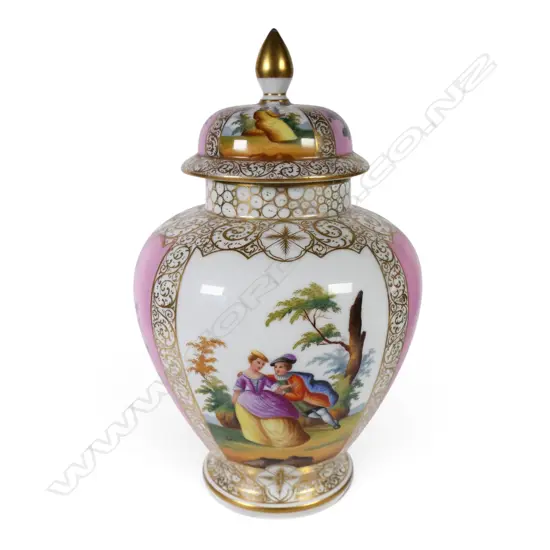 A 19thC Dresden revival lidded baluster urn,
